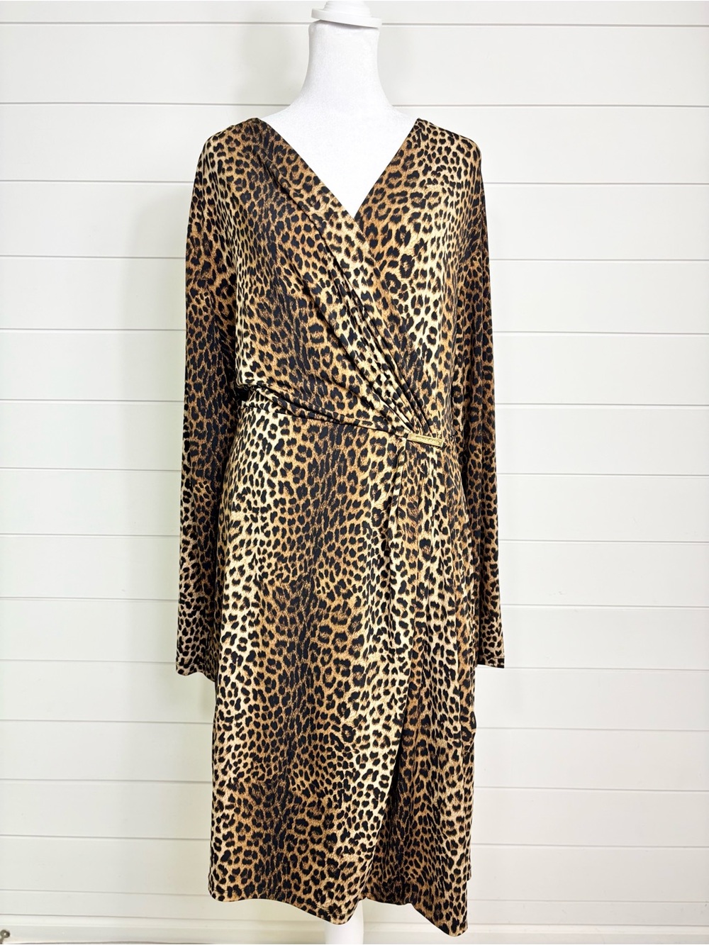 Michael Kors Leopard Print Long Sleeve Wrap Dress - Tan, Black Size XL